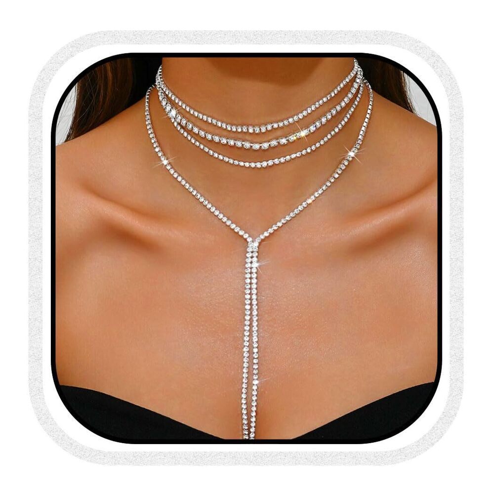Silver Rhinestone Necklace Diamond Choker Necklaces Formal Bridal Prom